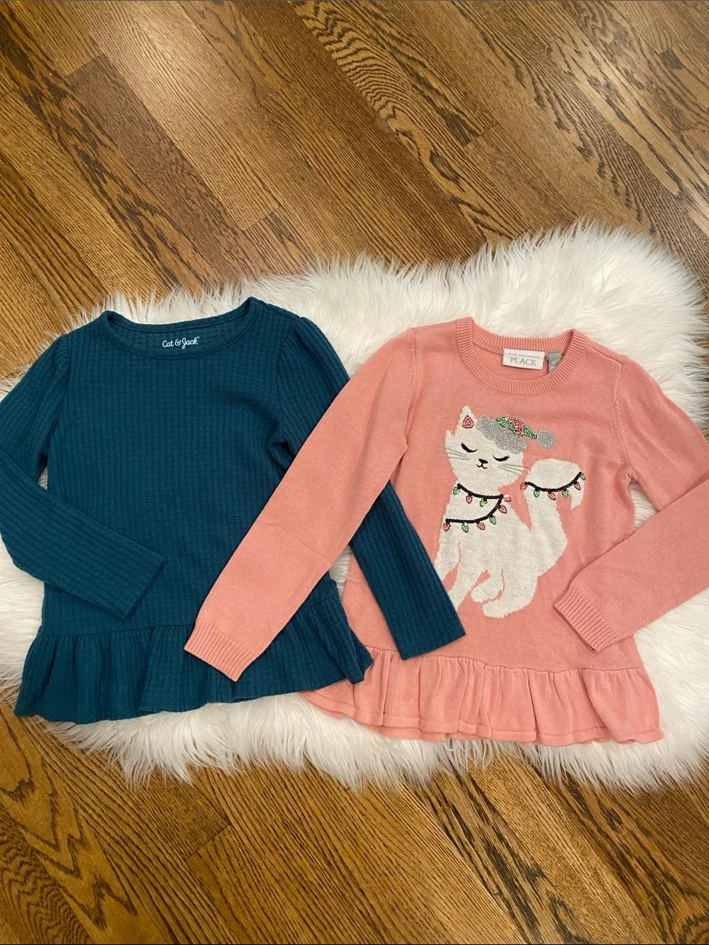 The Children's Place Pink Cat Ruffle Hem Sweater & Teal ruffled soft  sweater